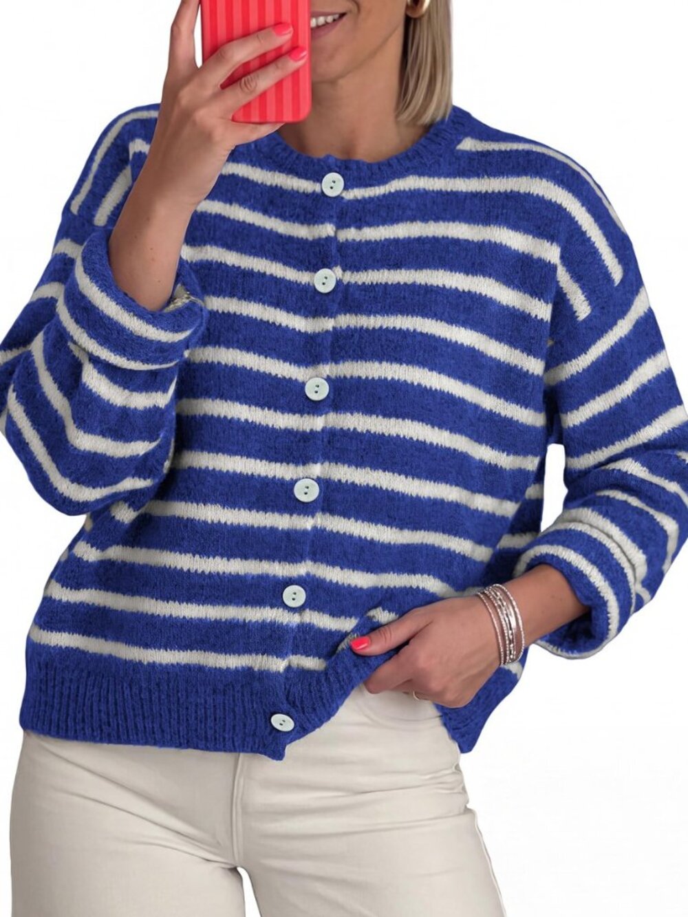 Women's Chunky Knit Striped Cardigan Sweaters Casual Button Front
